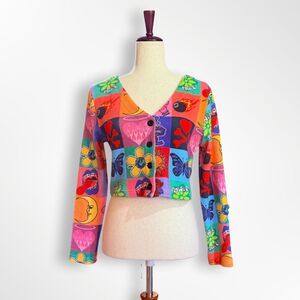 Tunnel Vision, Bright 90s Rave Long-Sleeve Cropped Cardigan, L, Patch Hippie